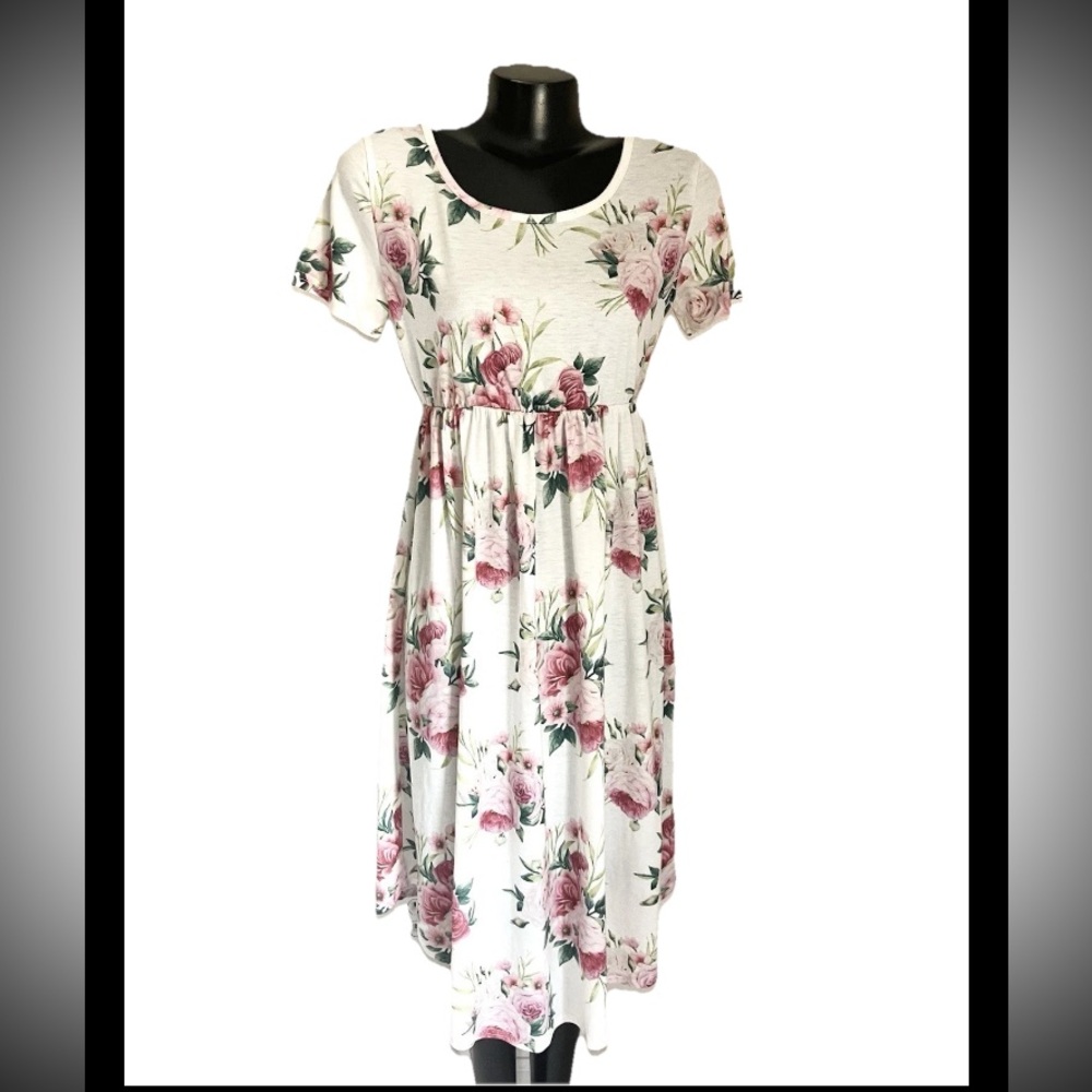 Womens short SLEEVE Mid-CALF FLORAL Flow DRESS babydoll Style size: MEDIUM EUC!